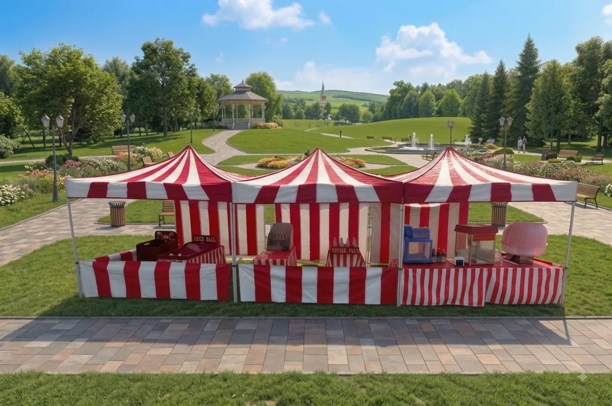 Backyard carnival birthday party in Orange County, Riverside & San Bernardino — red-and-white striped booths, games, and concessions set up in a park