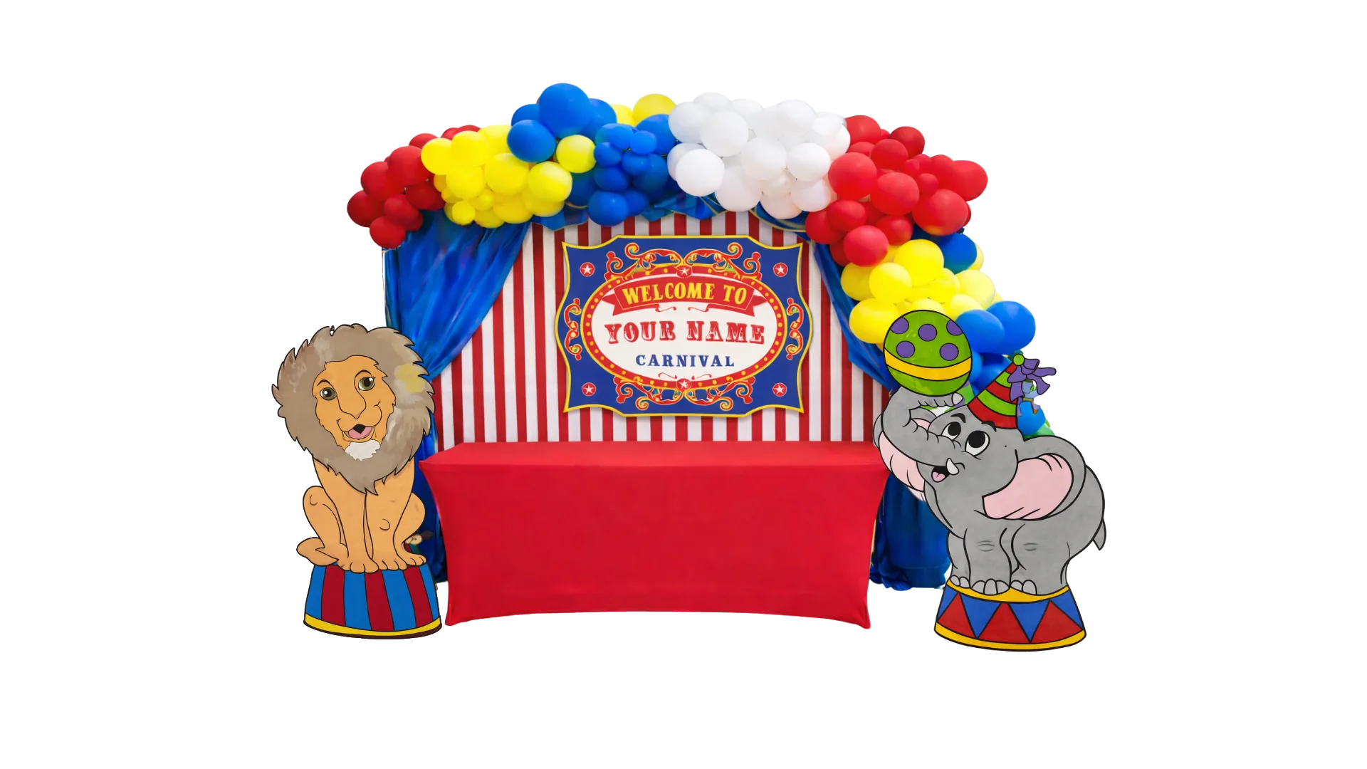 A balloon arch in coordinated theme colors framing the entrance to a backyard carnival with striped booths visible behind in Temecula, CA