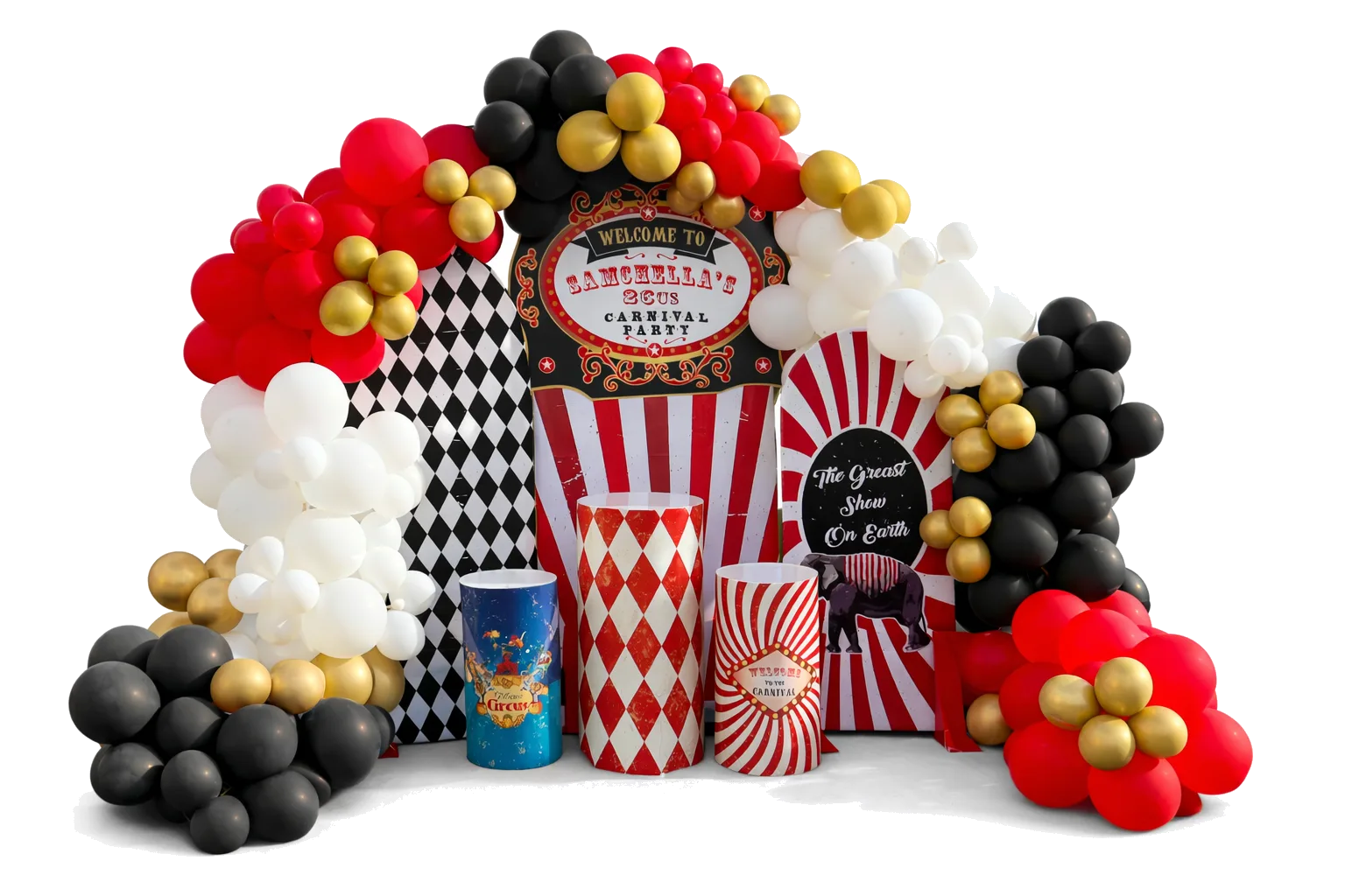Themed pennants strung between carnival booths with coordinated linens on the snack table and a balloon column at the entry