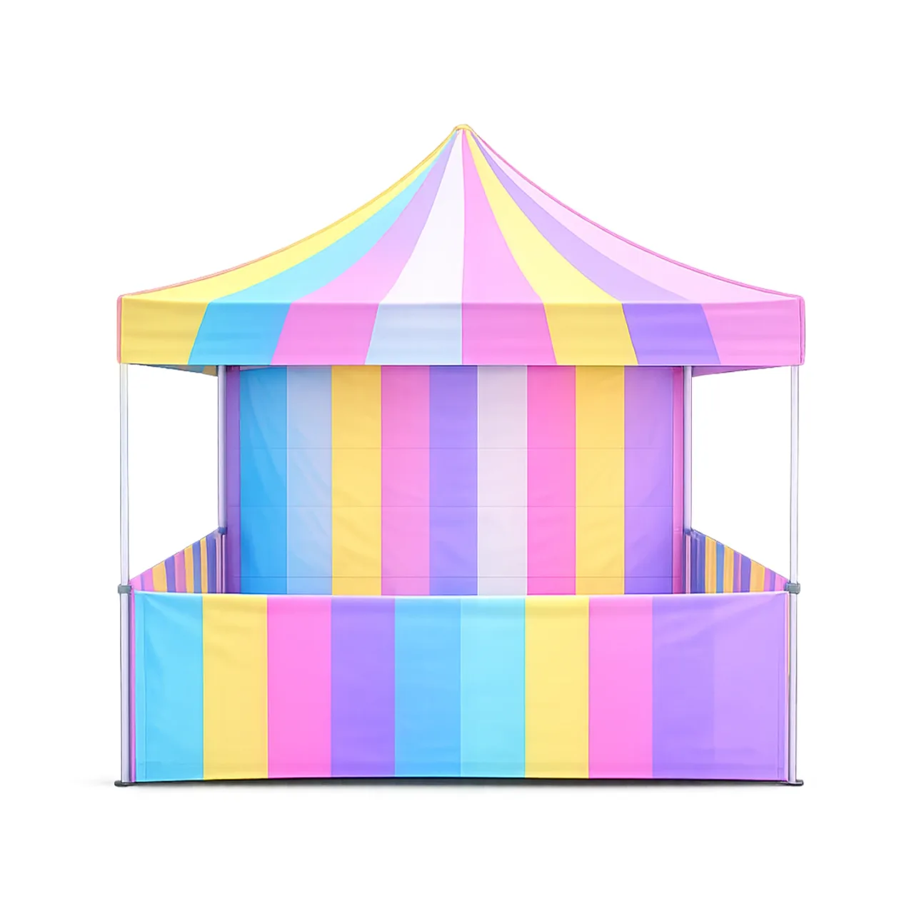 Product photo of the Easter Themed Booth on a white background: a 10x10 carnival booth with pastel striped canopy, backdrop and front counter