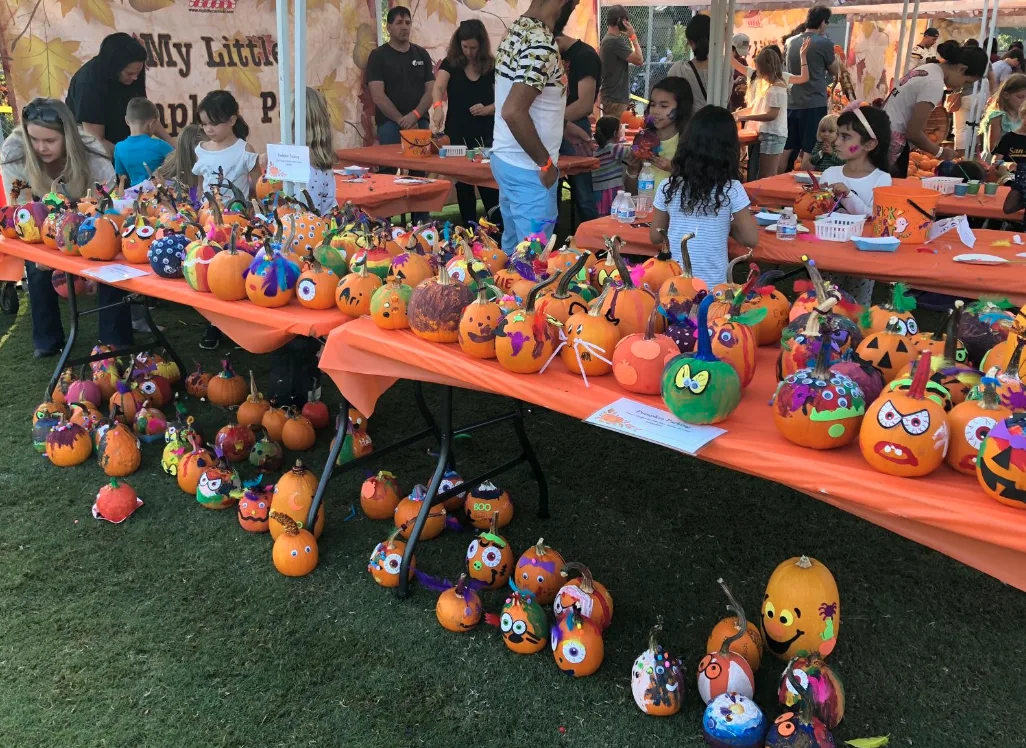 Long tables covered in orange cloth and lined with dozens of pumpkins decorated by children with googly eyes, stickers and feathers at an outdoor fall festival craft station